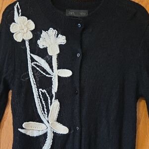 Zara Black Lightweight Cardigan with Cream Floral Design
